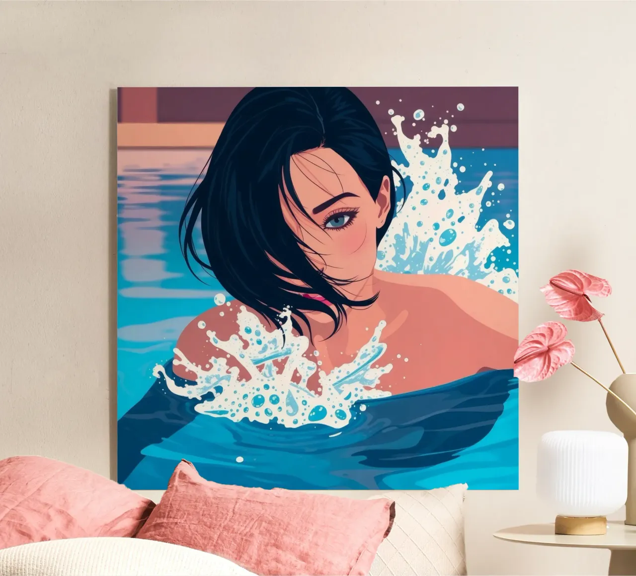 Mujer nadando en una piscina, disfrutando de un momento refrescante metacrilato de DesignDoodle