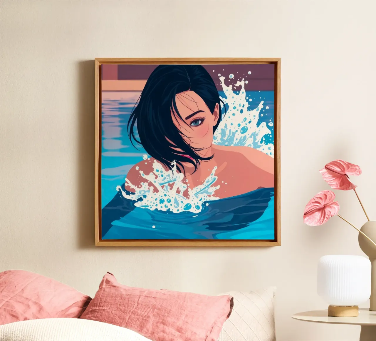 Woman swimming in a pool, enjoying a refreshing moment canvas with Floater frame by DesignDoodle
