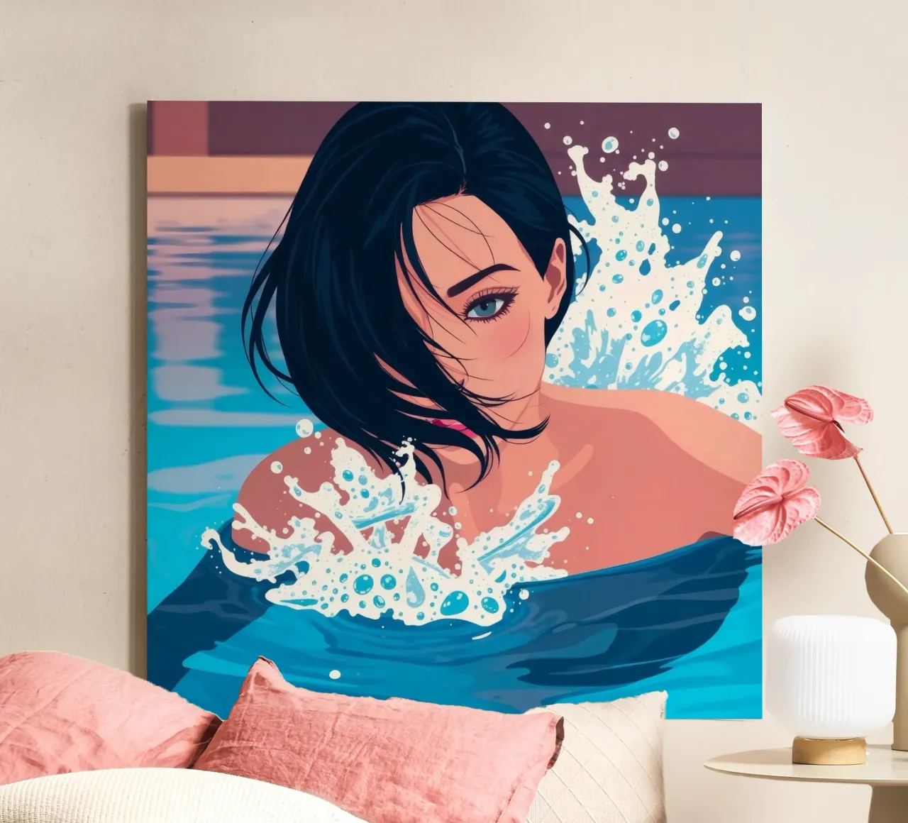 Woman swimming in a pool, enjoying a refreshing moment canvas with Floater frame by DesignDoodle