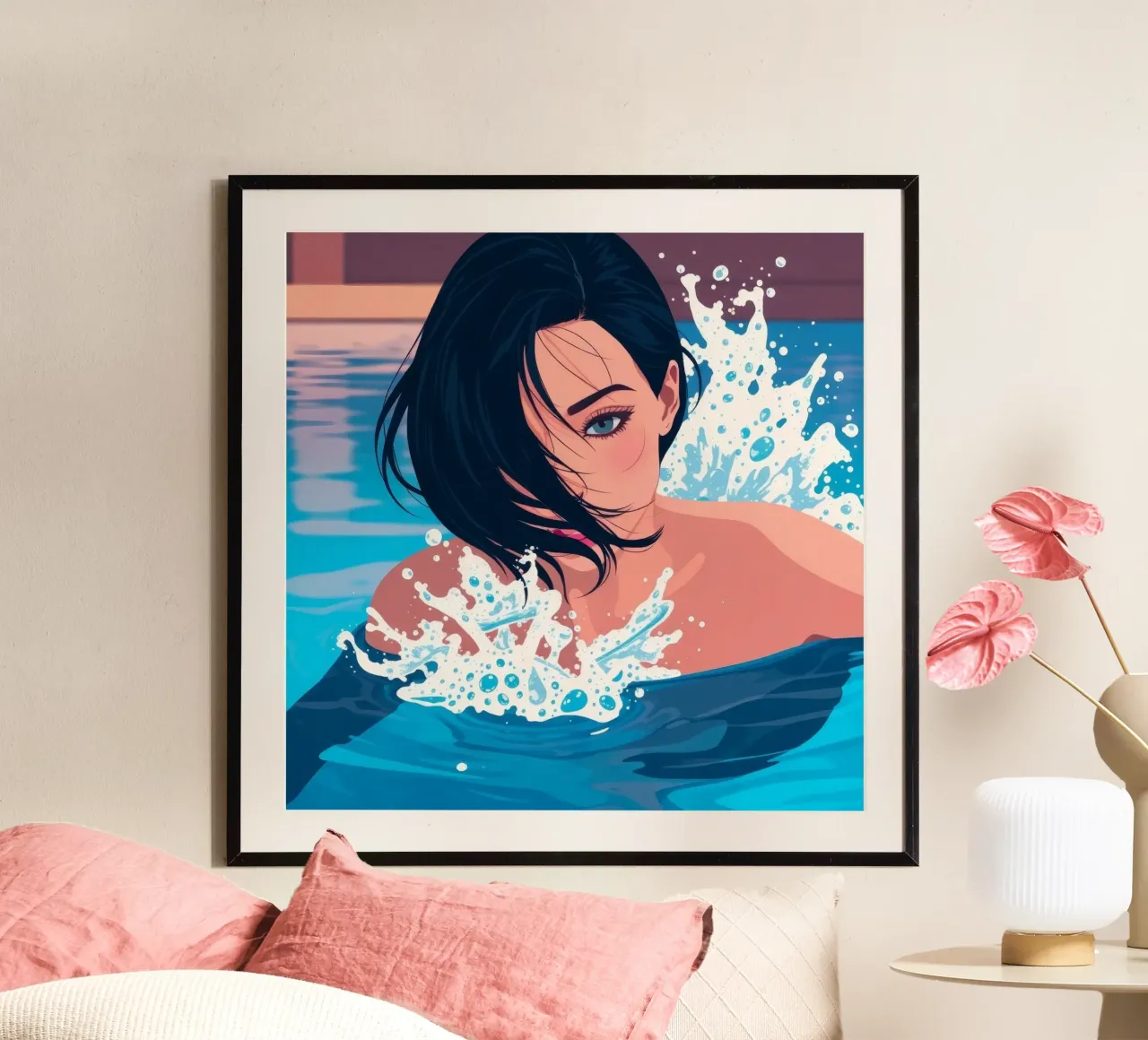 Donna che nuota in piscina e si gode un momento di relax poster con telaio in alluminio da DesignDoodle