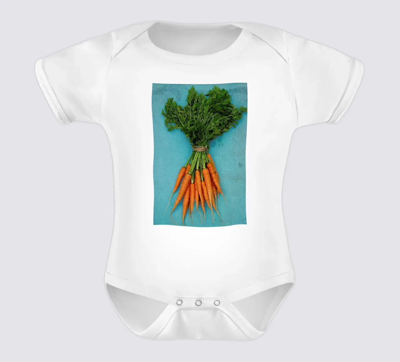 Carrots short-sleeve baby romper by Keri Bevan