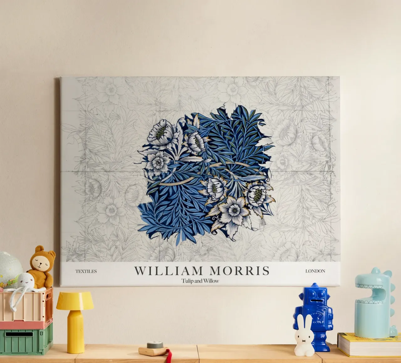 William Morris, Tekening van tulp en wilg canvas met Baklijst van Peaches Art Prints