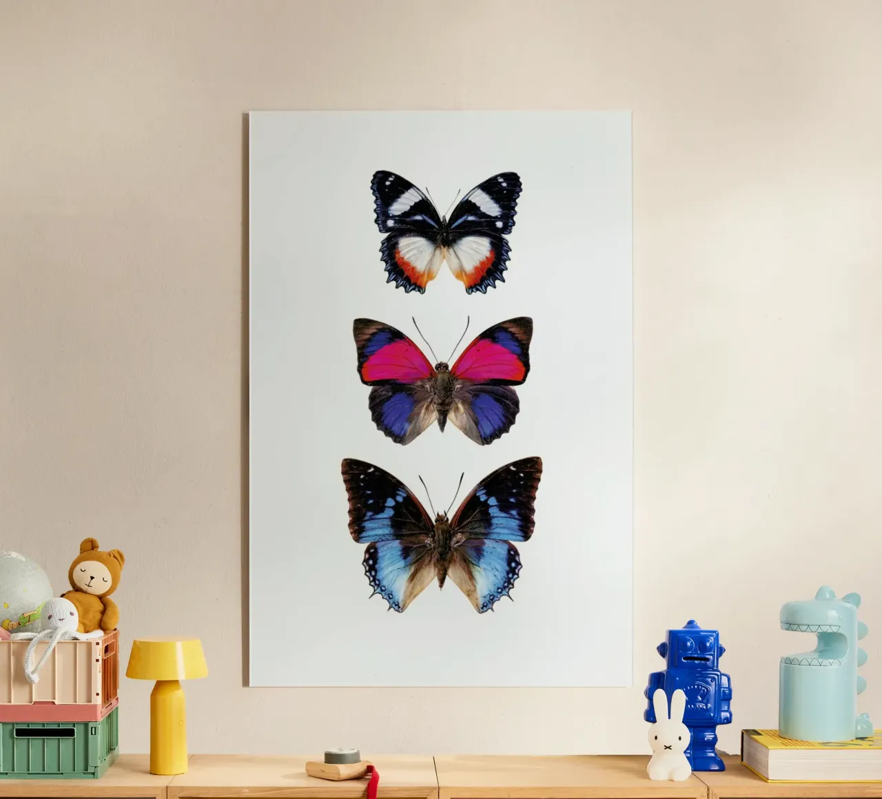 Harmony in Flight: Three Butterflies Poster acrylic glass by Curious Collections by Marielle Leenders