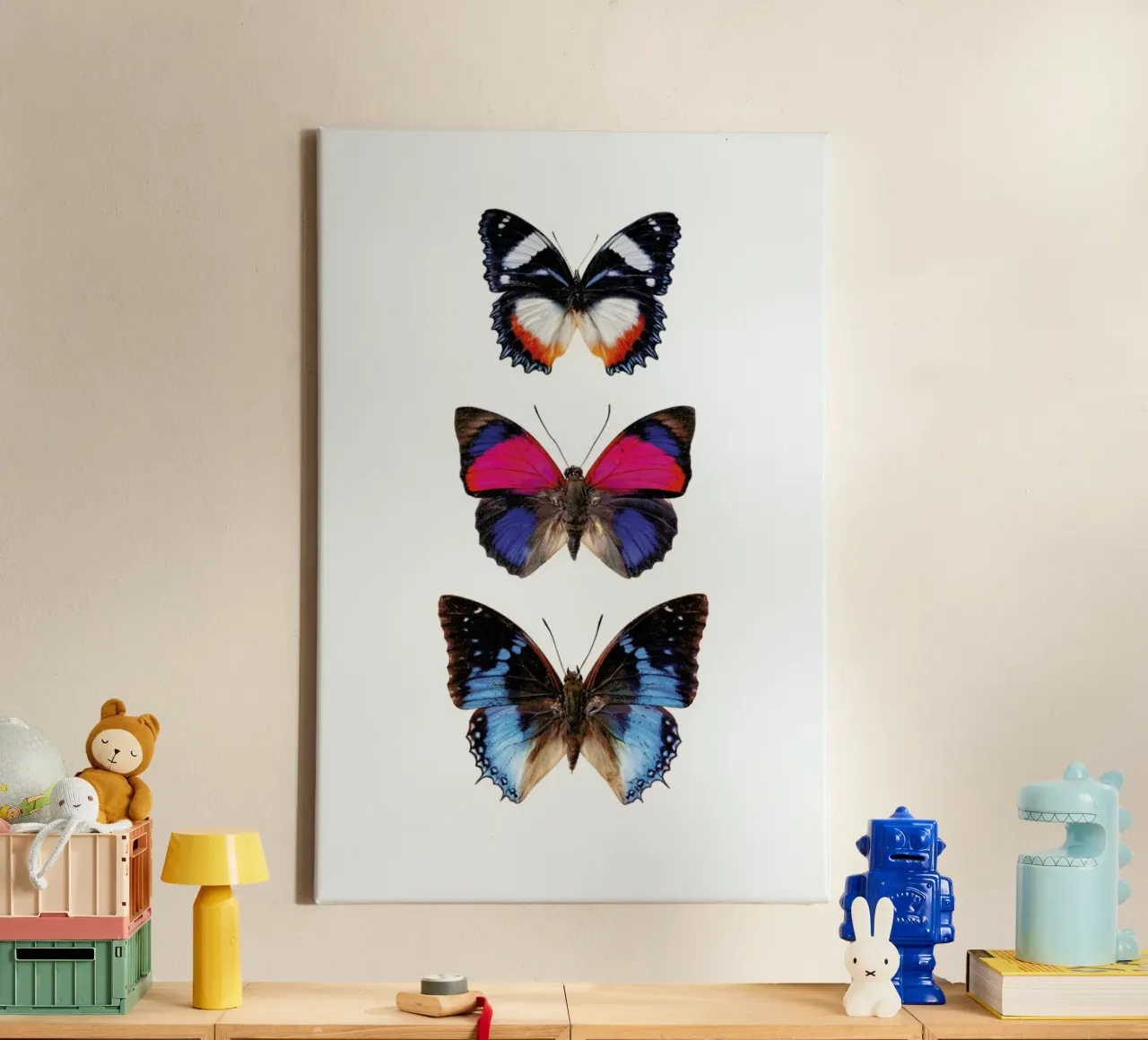 Harmony in Flight: Three Butterflies Poster canvas with Floater frame by Curious Collections by Marielle Leenders