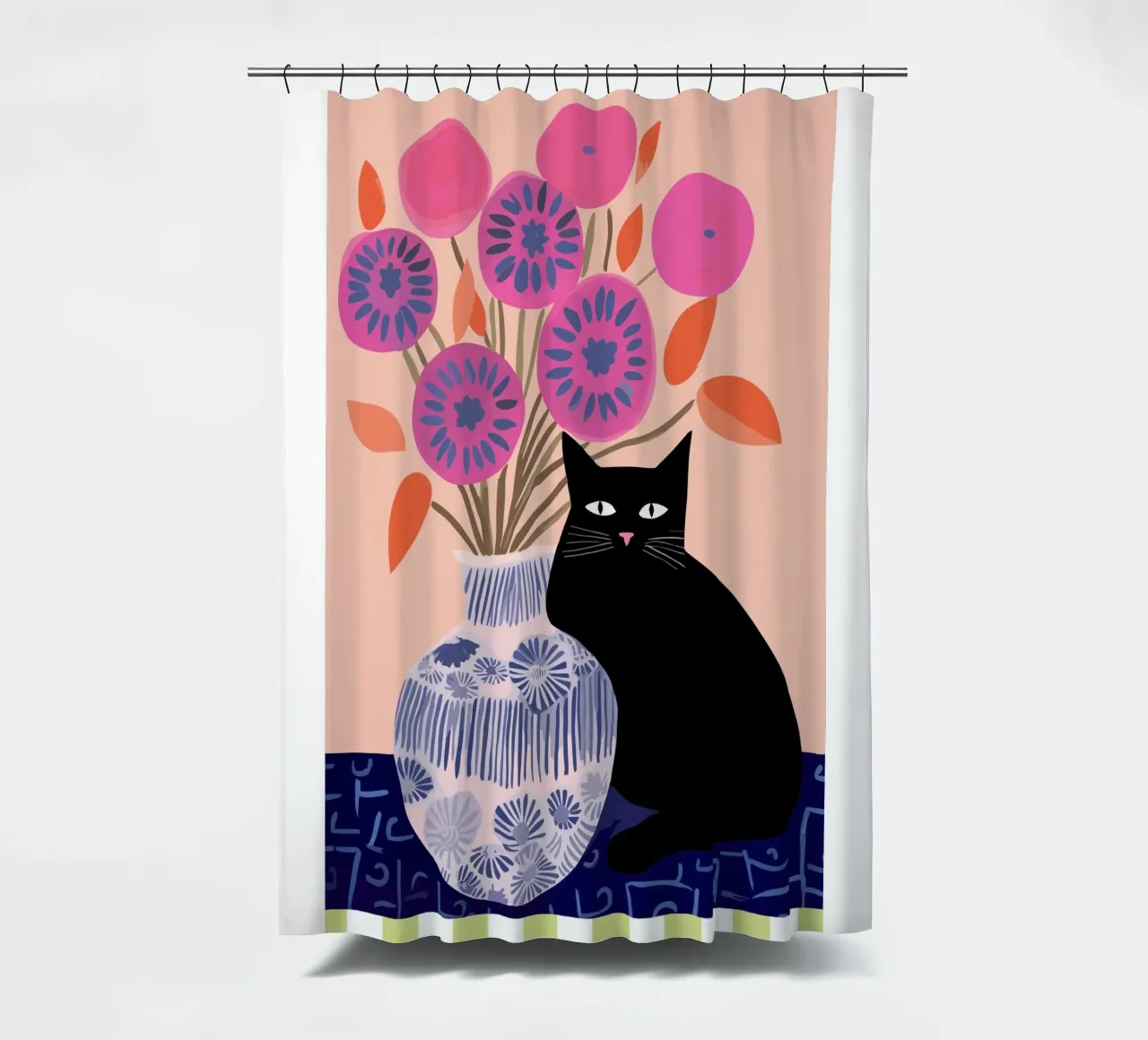 Gatto nero con un vaso di fiori di papavero rosa tenda da doccia da Peaches Art Prints