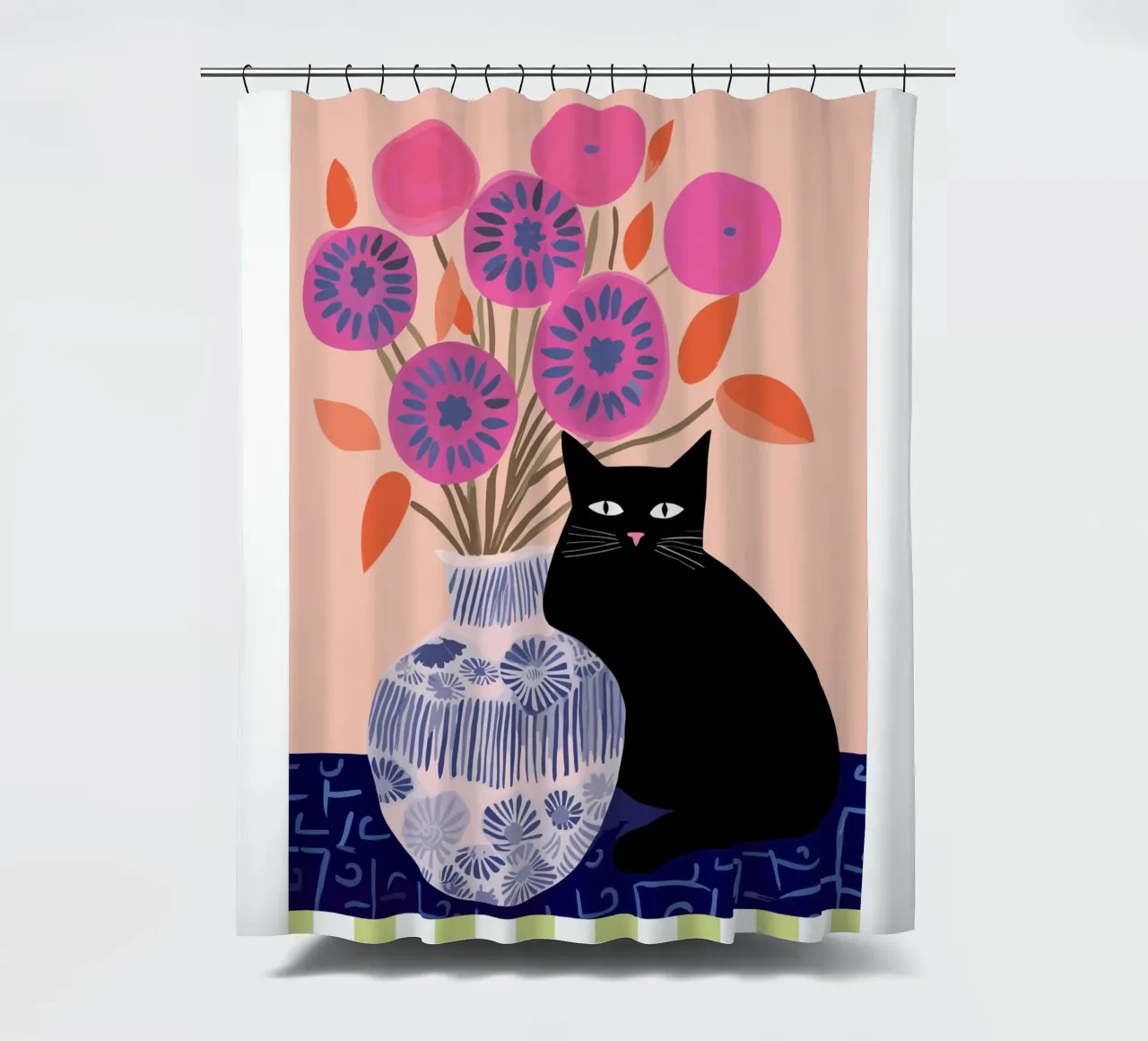 Gatto nero con un vaso di fiori di papavero rosa tenda da doccia da Peaches Art Prints