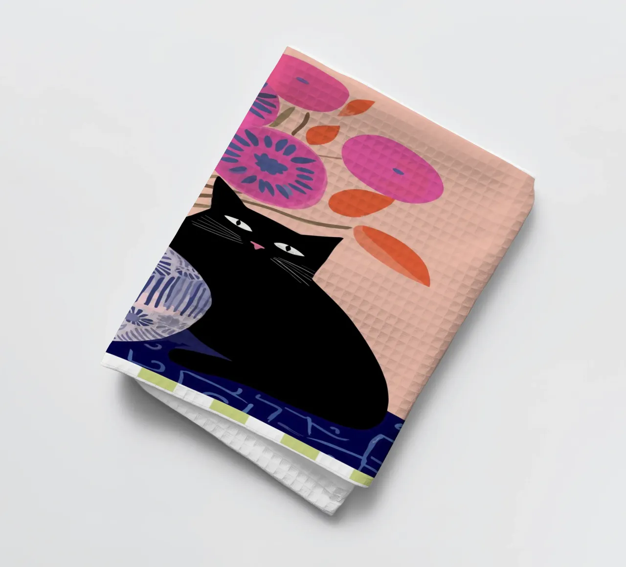 Gatto nero con un vaso di fiori di papavero rosa canovaccio da cucina da Peaches Art Prints