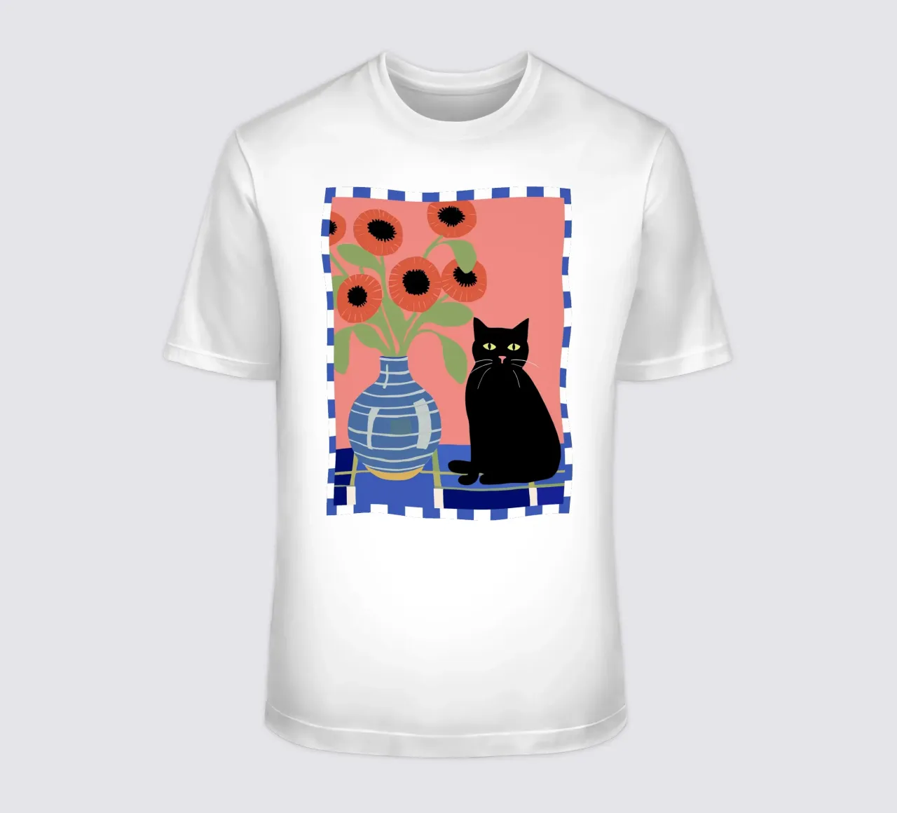 Illustrazione di un gatto nero con fiori t-shirt da Peaches Art Prints
