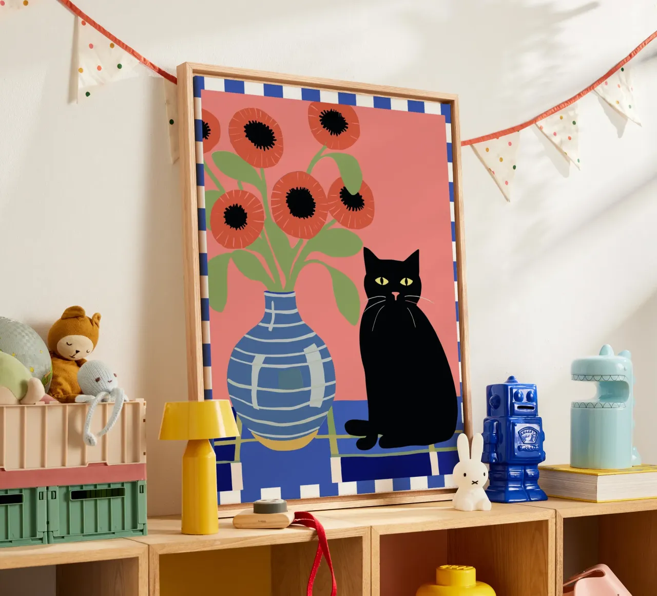 Illustrazione di un gatto nero con fiori tela con Cornice a cassetta da Peaches Art Prints