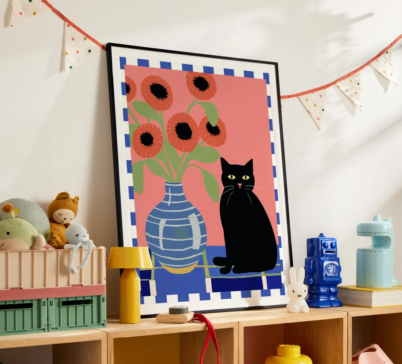 Illustrazione di un gatto nero con fiori carta hahnemühle da Peaches Art Prints