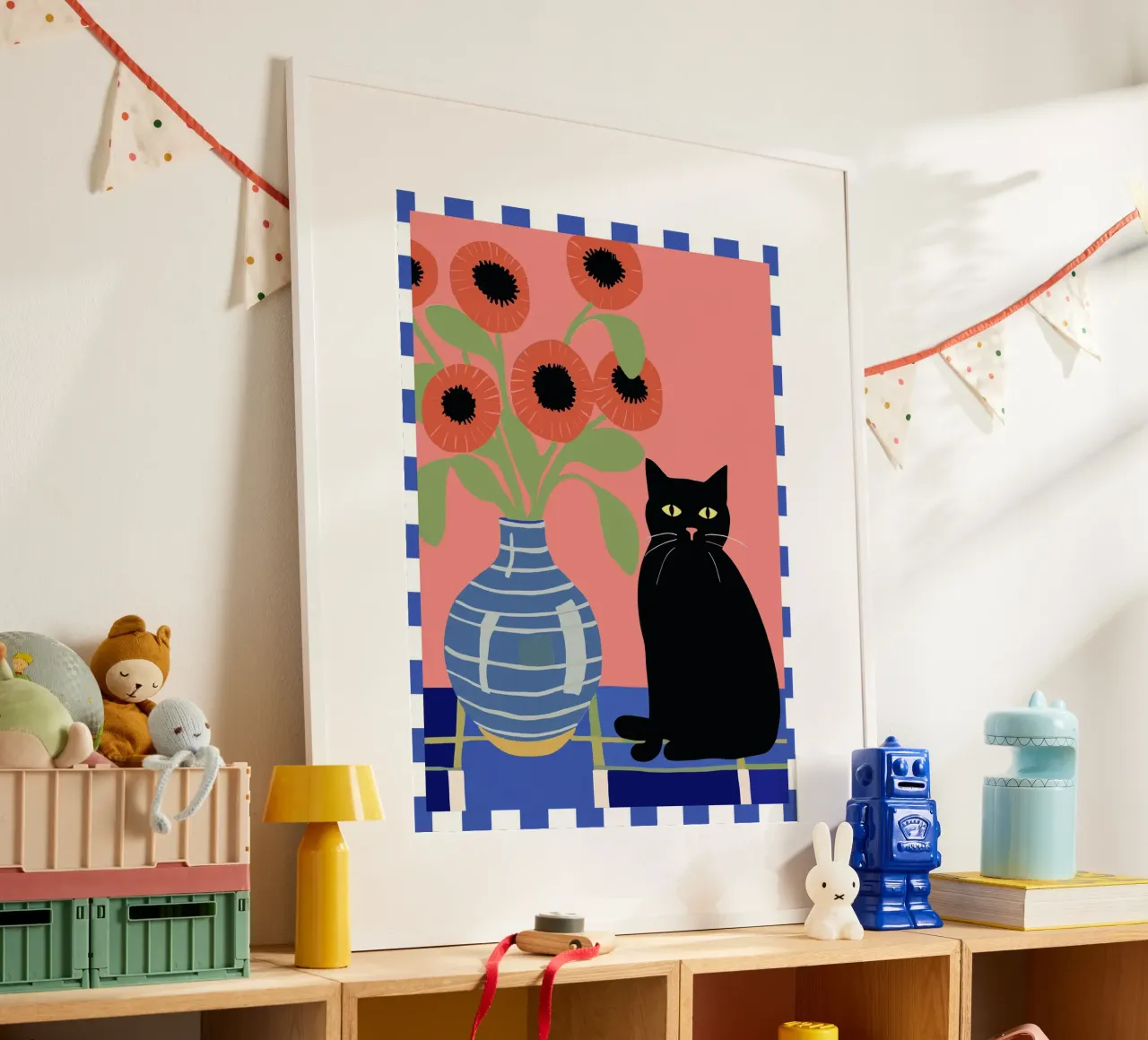 Illustrazione di un gatto nero con fiori carta hahnemühle da Peaches Art Prints