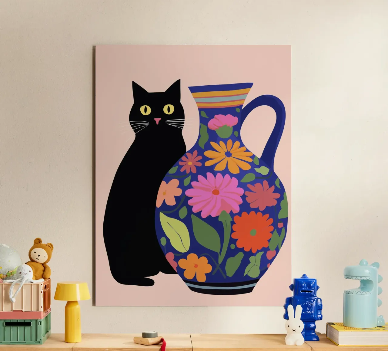 Gatto nero con vaso fiorito alluminio dibond da Peaches Art Prints