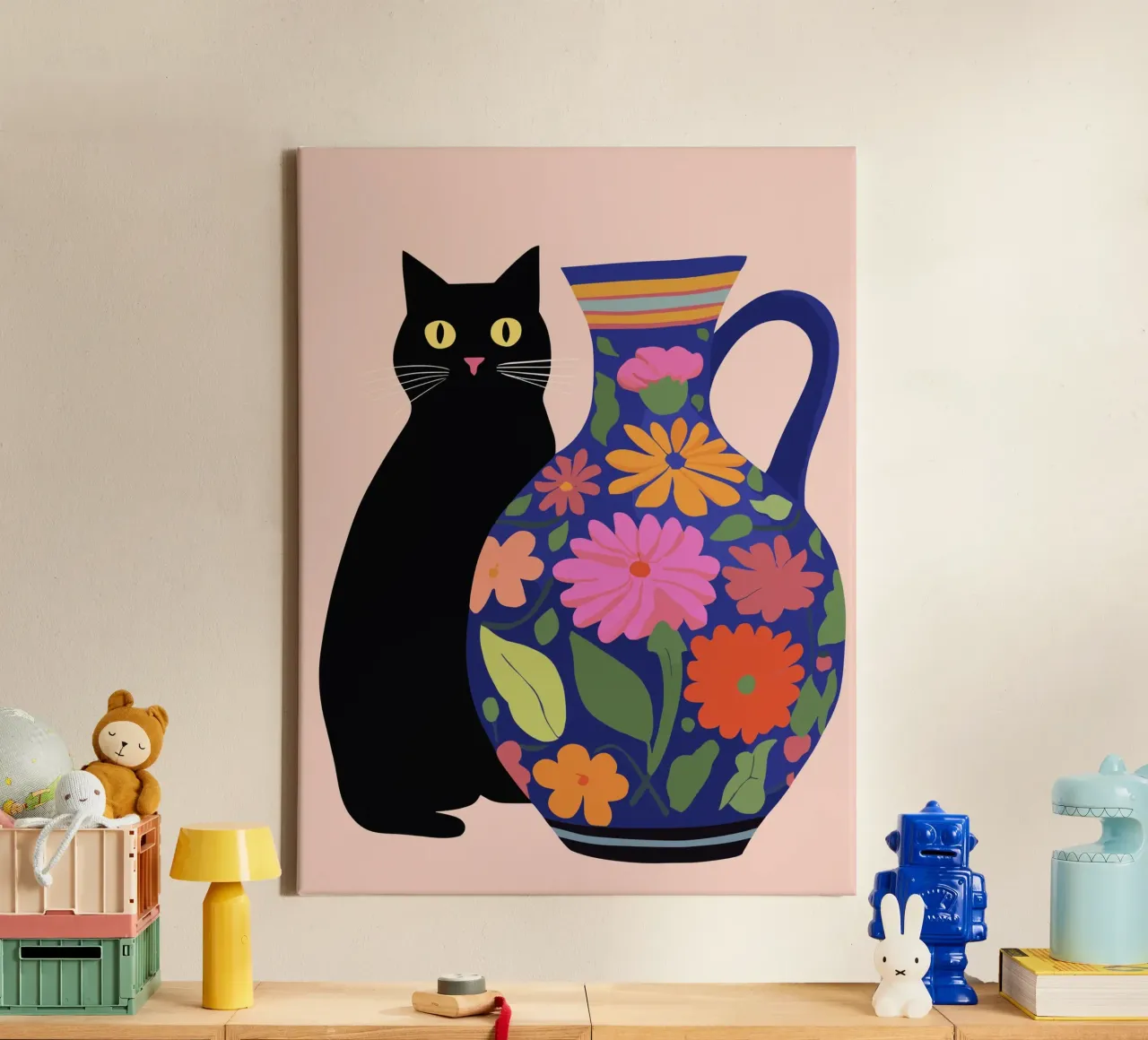Black Cat with Flowered Vase canvas with Floater frame by Peaches Art Prints