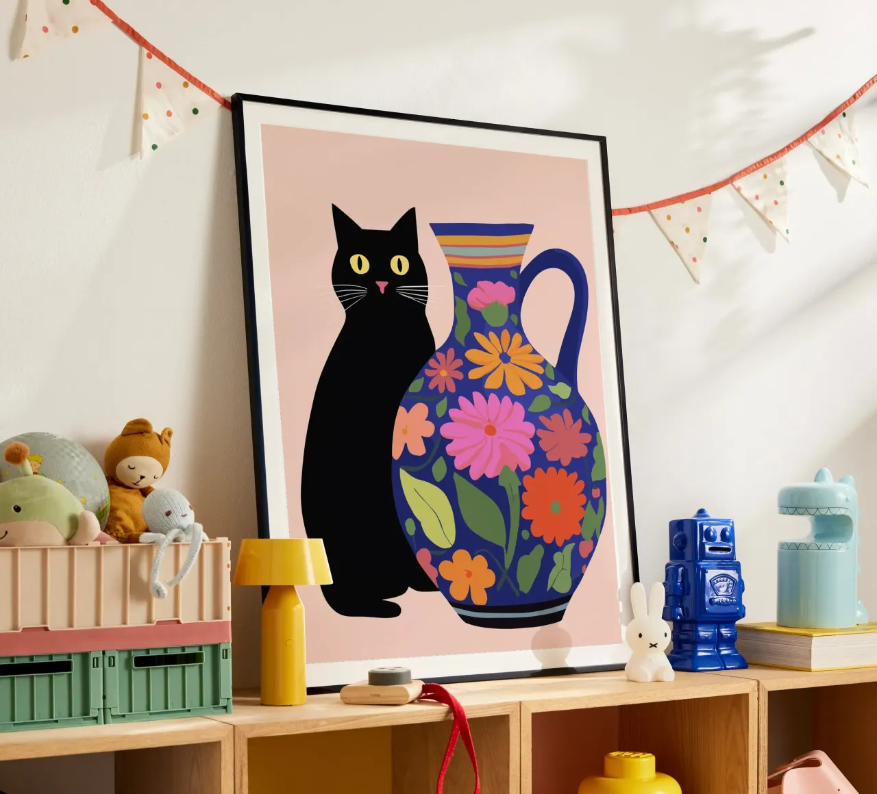 Gatto nero con vaso fiorito carta hahnemühle da Peaches Art Prints