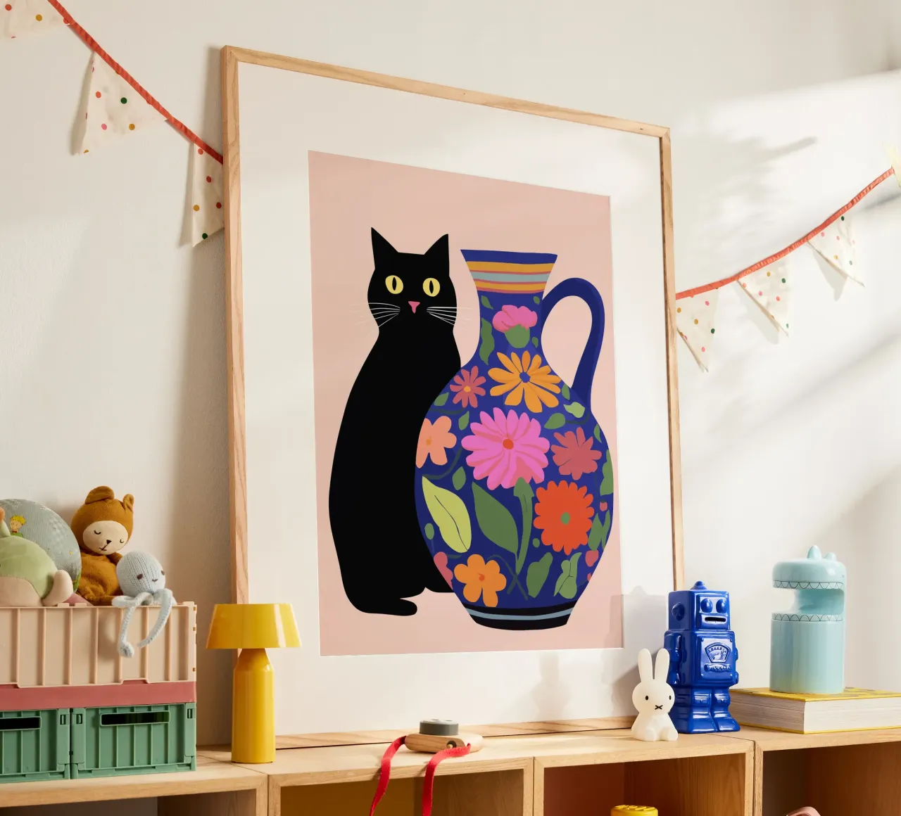 Gatto nero con vaso fiorito carta hahnemühle da Peaches Art Prints