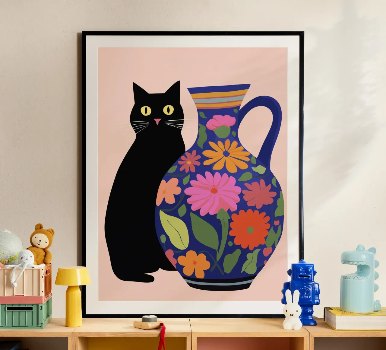 Gatto nero con vaso fiorito carta hahnemühle da Peaches Art Prints