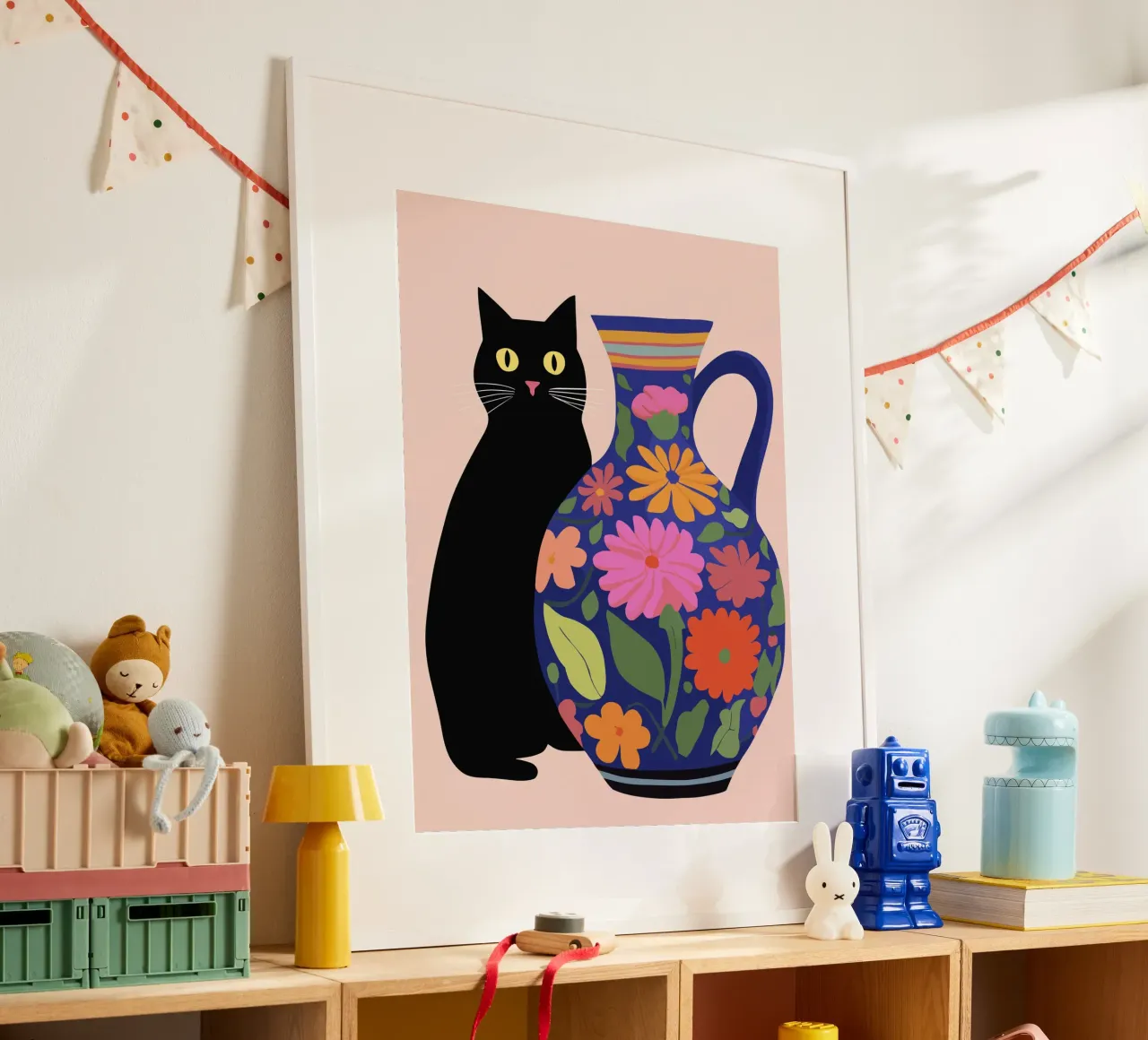 Gatto nero con vaso fiorito carta hahnemühle da Peaches Art Prints