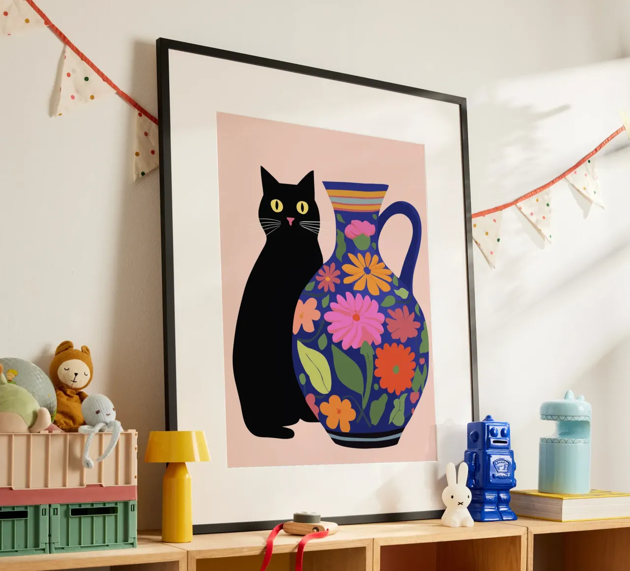 Gatto nero con vaso fiorito carta hahnemühle da Peaches Art Prints