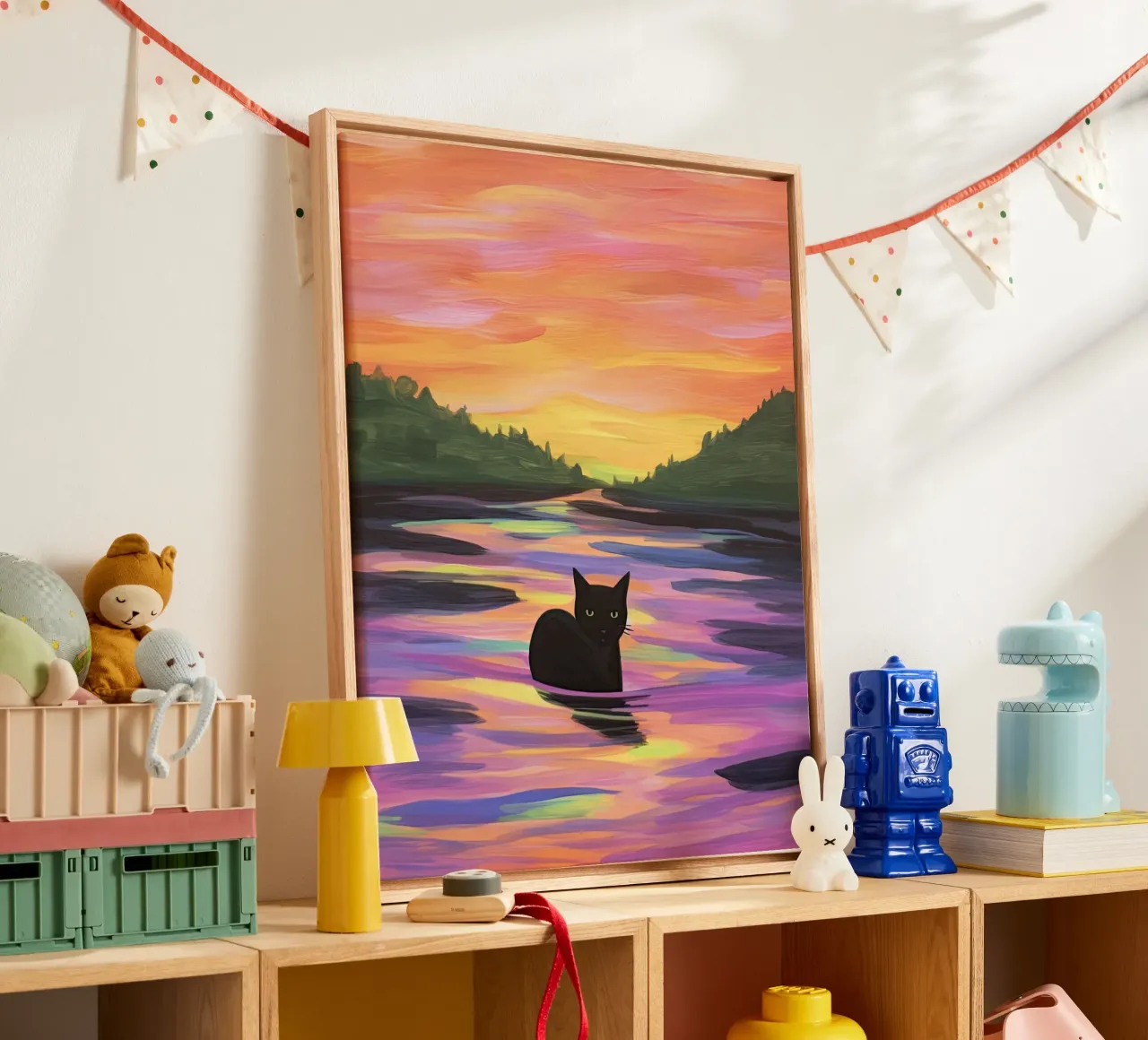 Zwarte kat in kleurrijk meer canvas met Baklijst van Peaches Art Prints