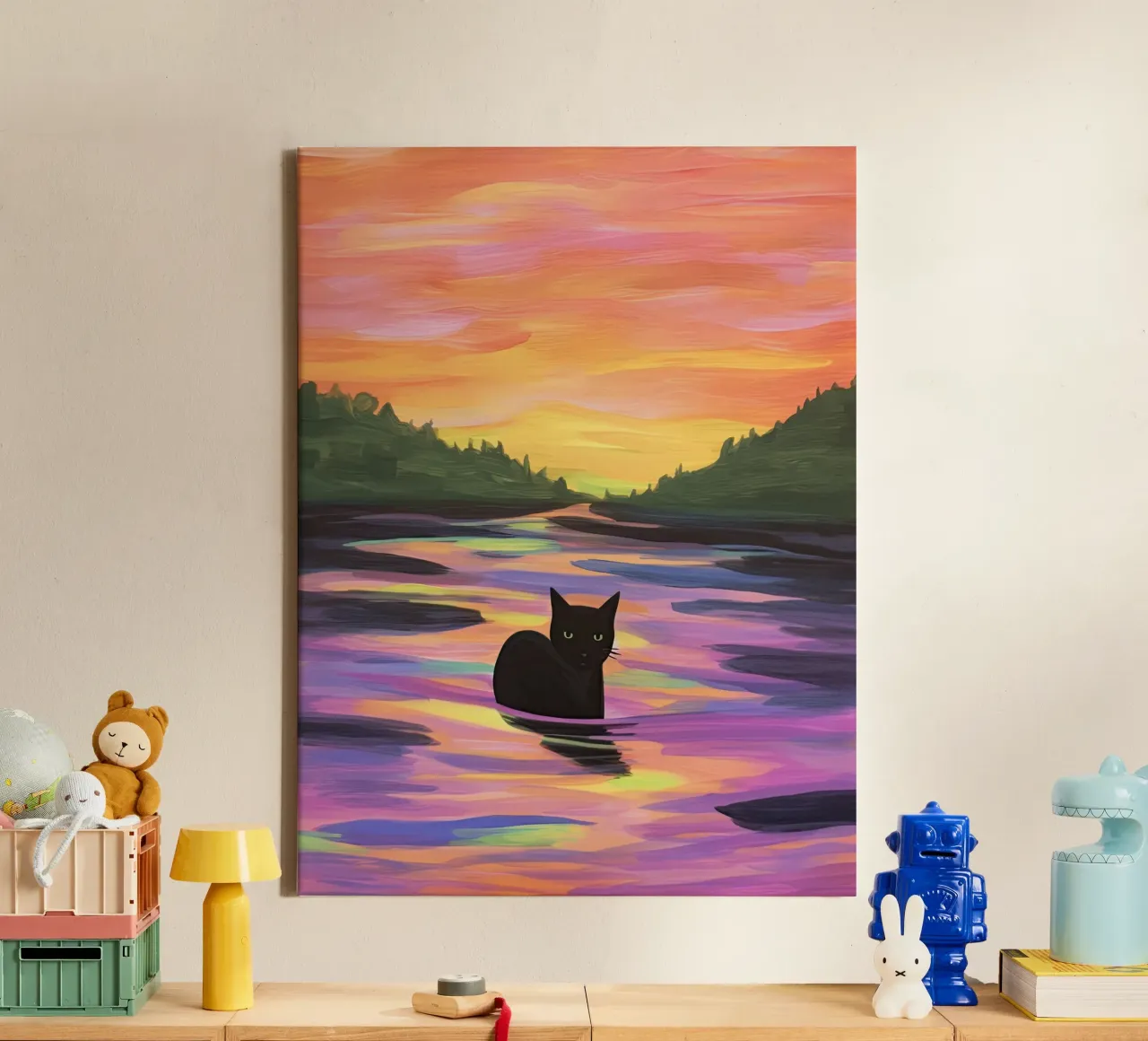Zwarte kat in kleurrijk meer canvas met Baklijst van Peaches Art Prints