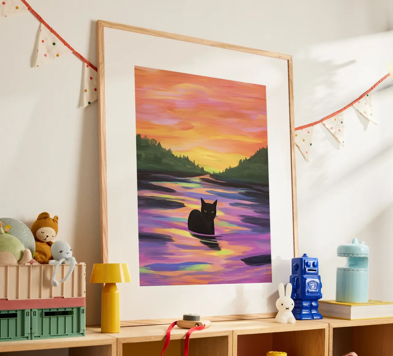 Gatto nero nel lago colorato poster con telaio in legno da Peaches Art Prints