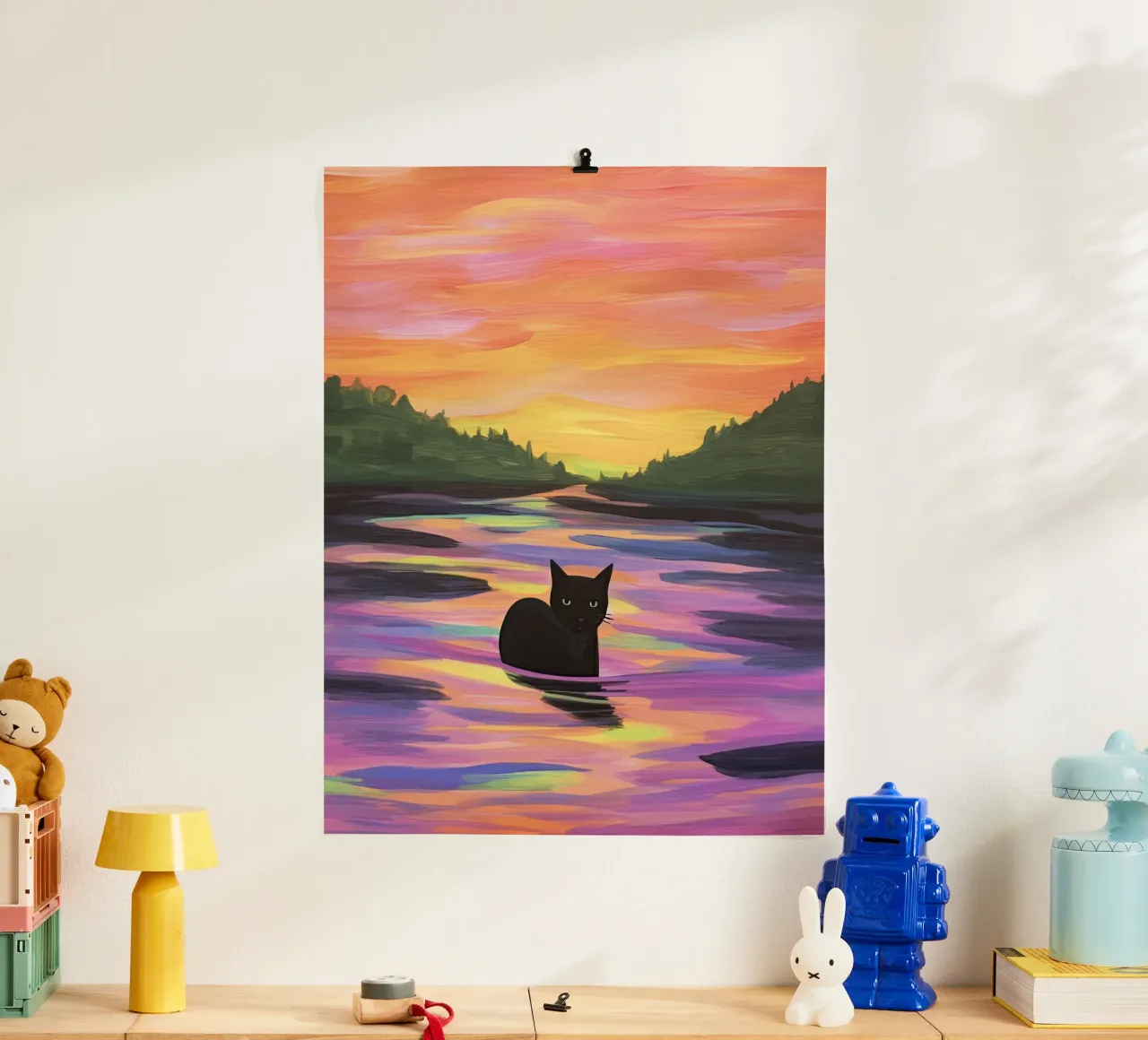 Gatto nero nel lago colorato poster con telaio in legno da Peaches Art Prints