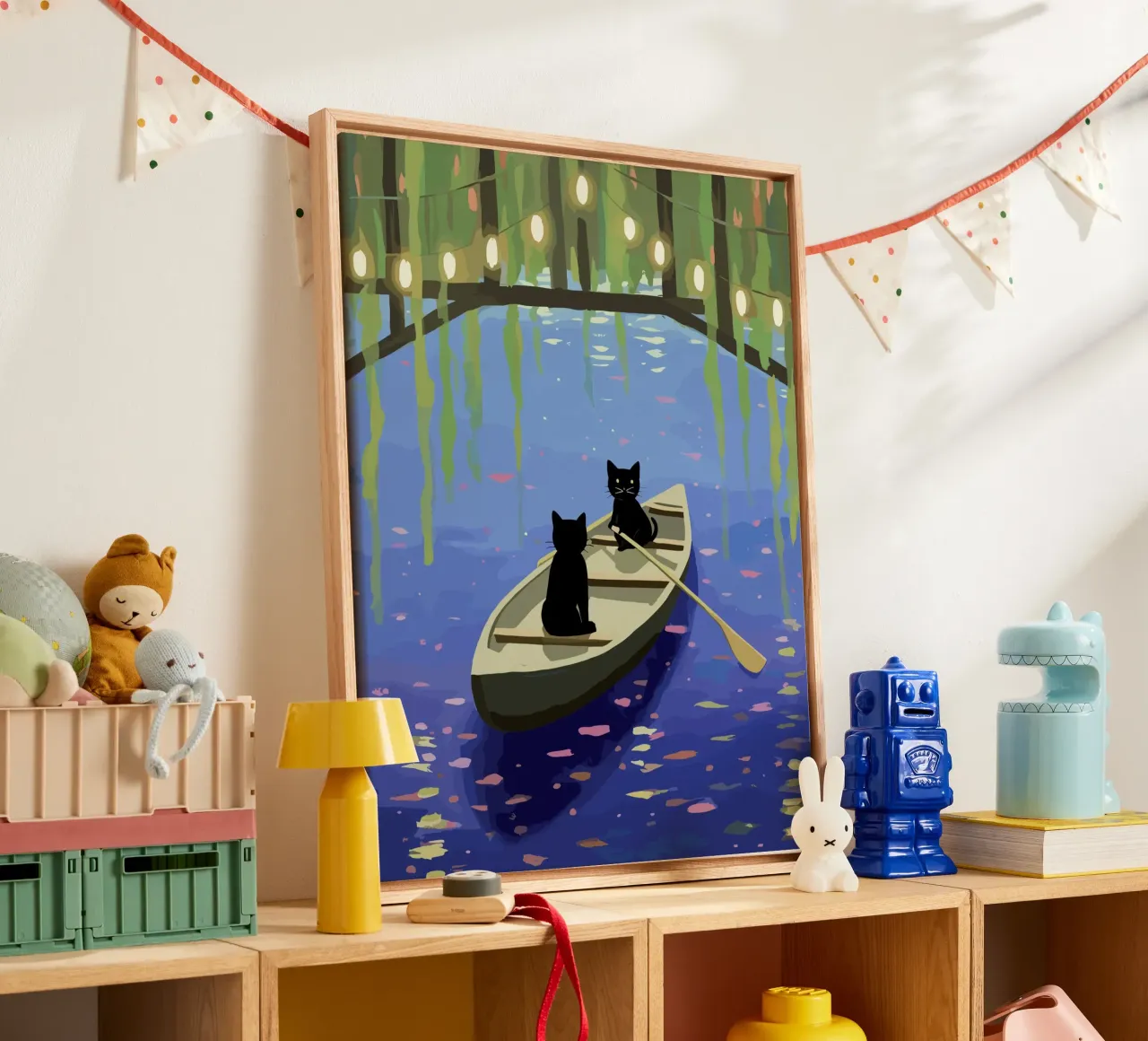 Zwarte katten op een boot - Leuke illustratie canvas met Baklijst van Peaches Art Prints