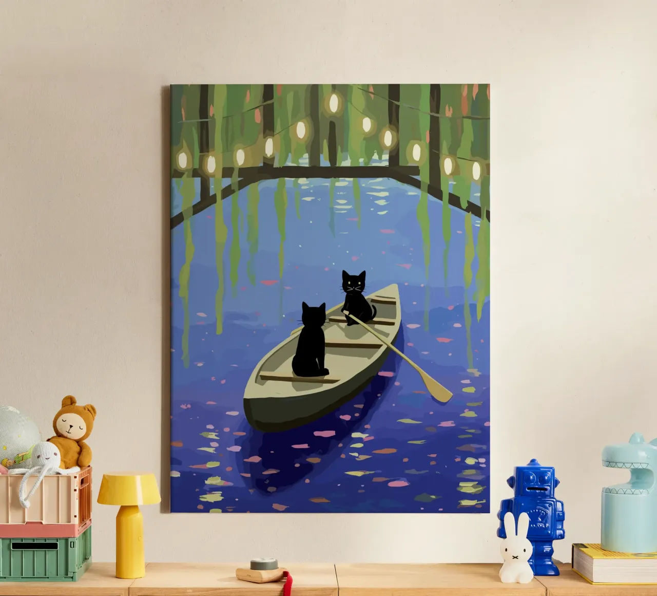 Zwarte katten op een boot - Leuke illustratie canvas met Baklijst van Peaches Art Prints