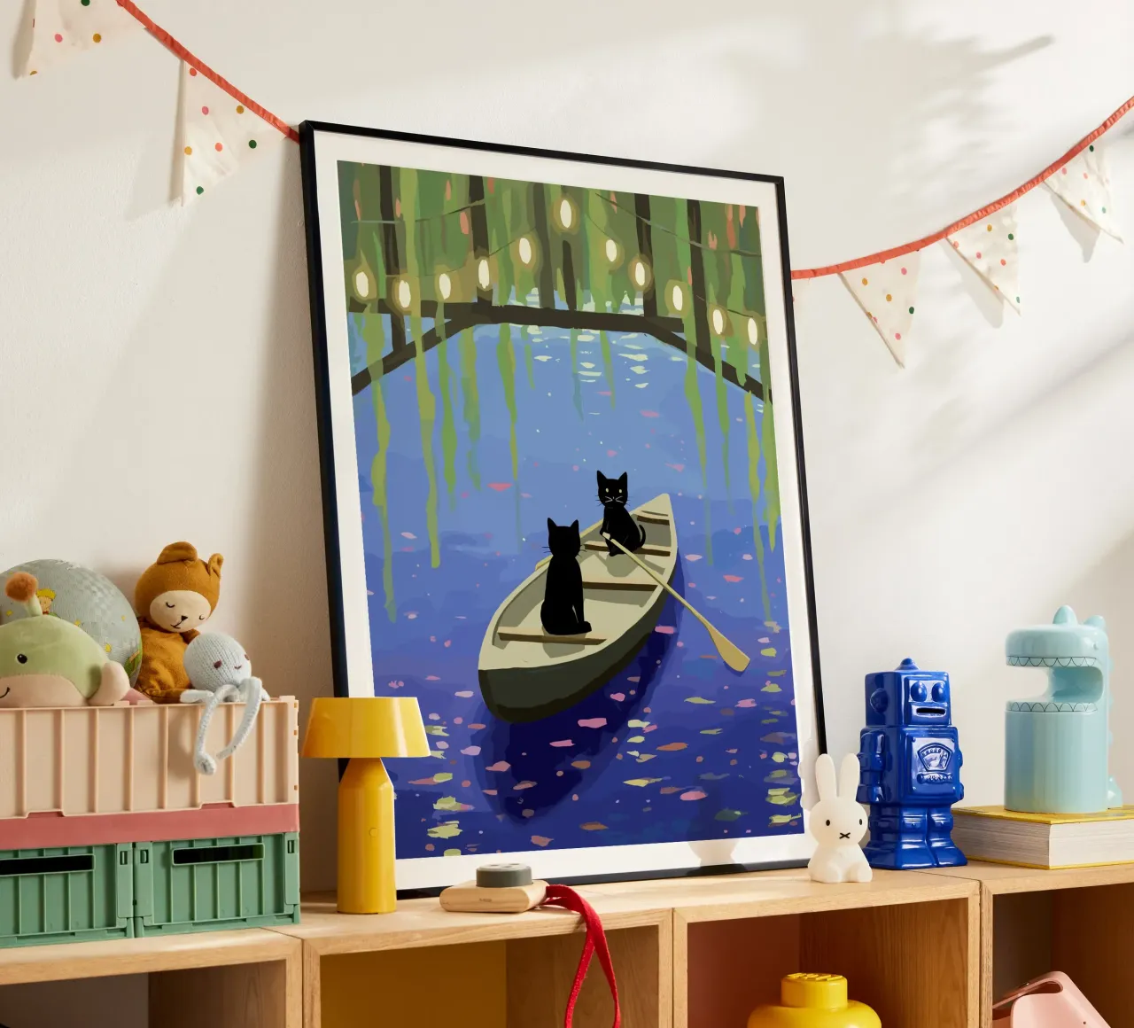 Zwarte katten op een boot - Leuke illustratie poster met houten frame van Peaches Art Prints