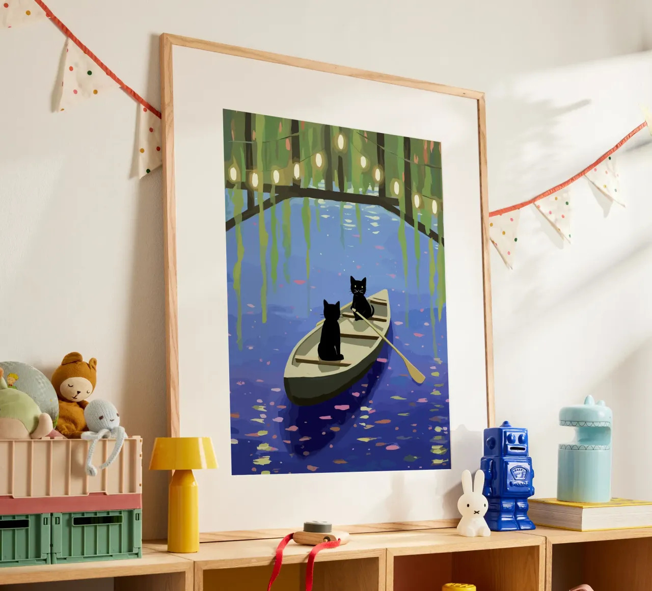 Zwarte katten op een boot - Leuke illustratie poster met houten frame van Peaches Art Prints