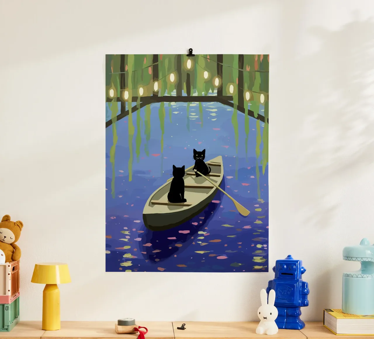 Zwarte katten op een boot - Leuke illustratie poster met houten frame van Peaches Art Prints