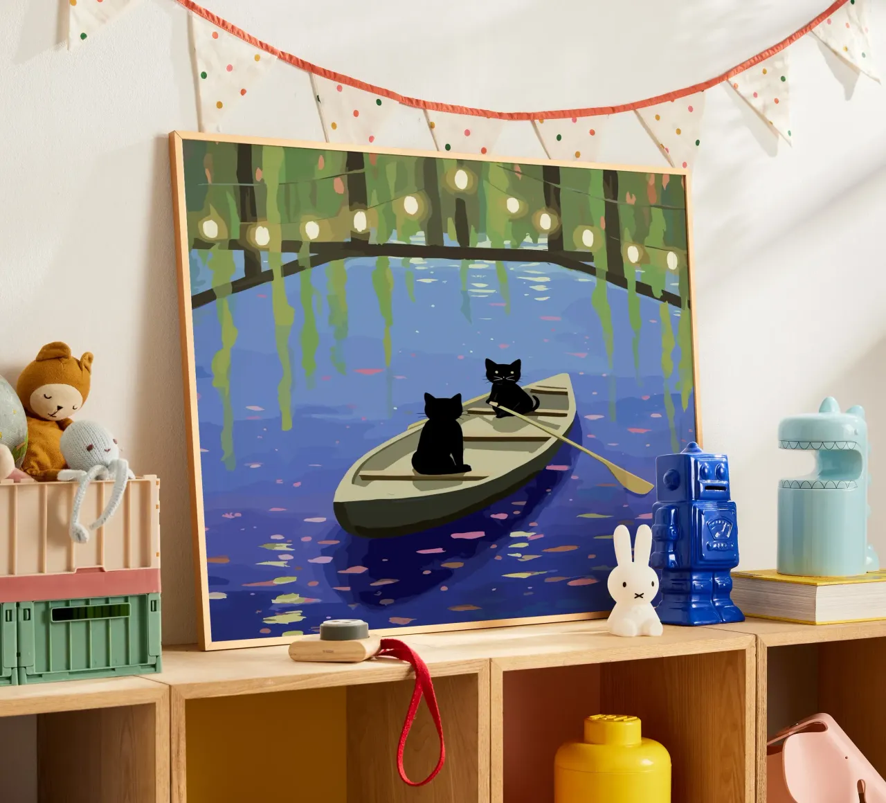 Zwarte katten op een boot - Leuke illustratie poster met houten frame van Peaches Art Prints