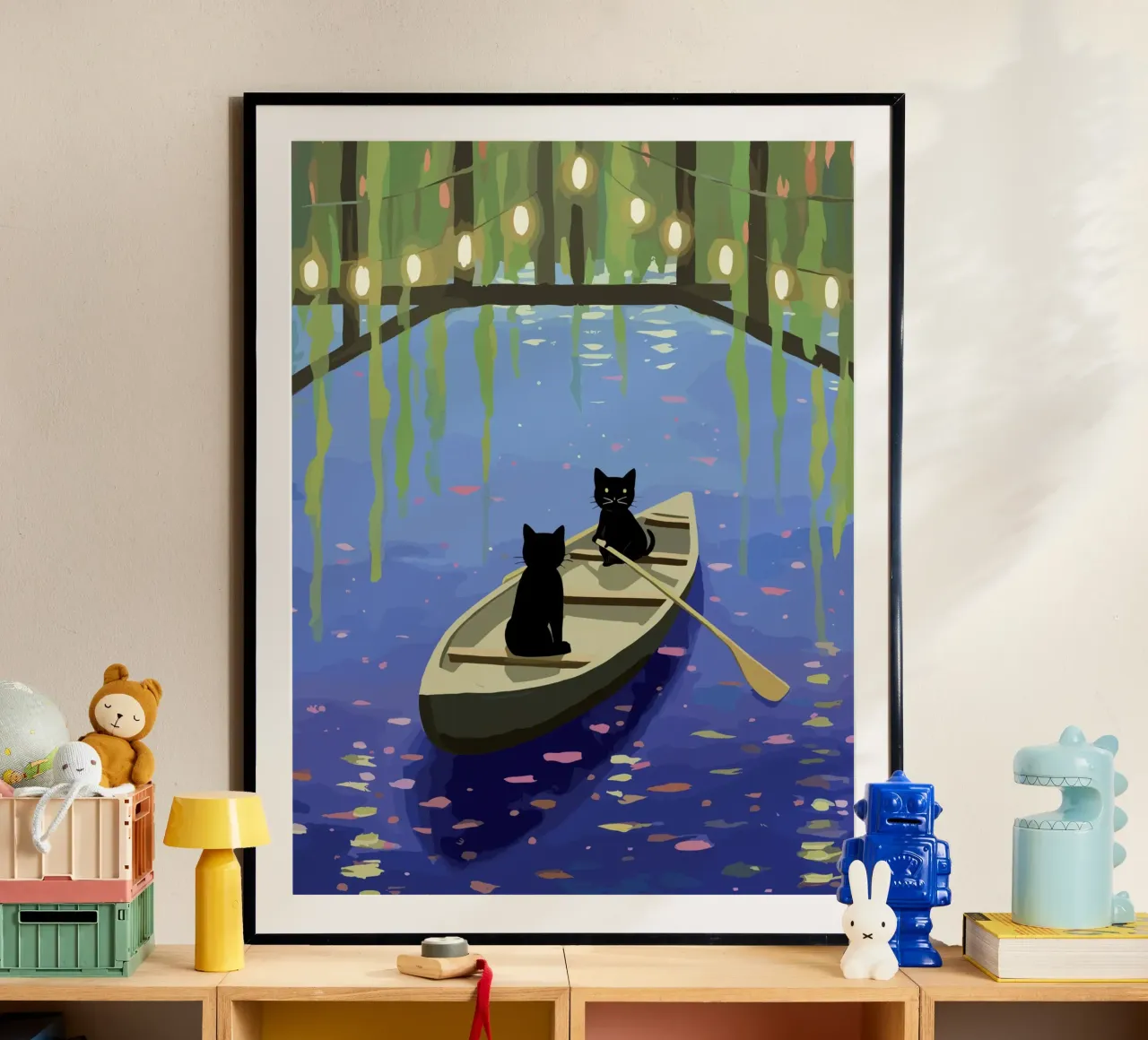 Zwarte katten op een boot - Leuke illustratie poster met houten frame van Peaches Art Prints