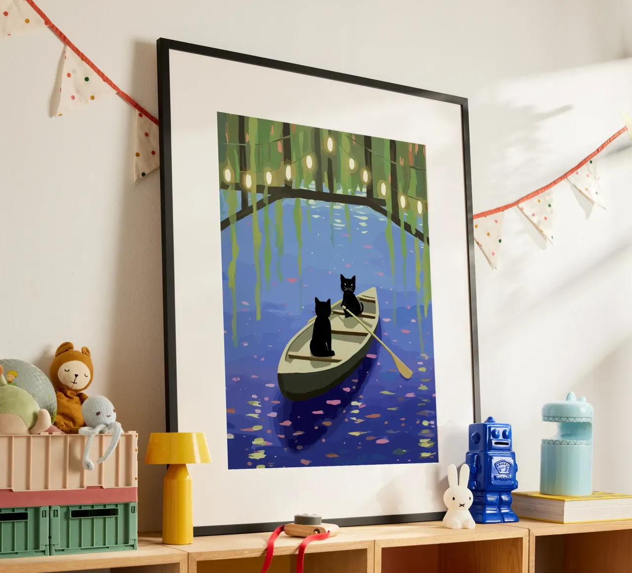 Zwarte katten op een boot - Leuke illustratie poster met houten frame van Peaches Art Prints