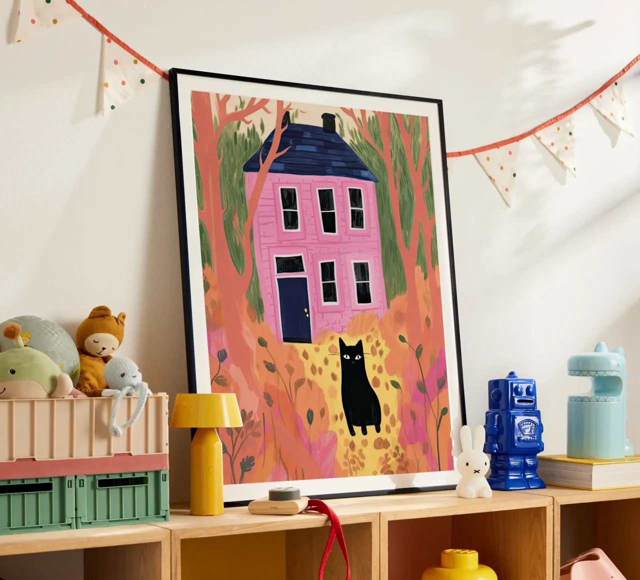 Illustrazione di gatto nero e casa rosa poster da Peaches Art Prints