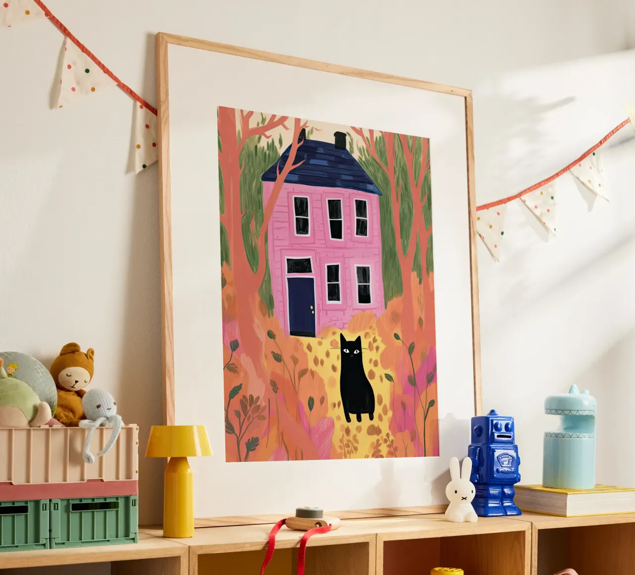 Illustrazione di gatto nero e casa rosa poster da Peaches Art Prints