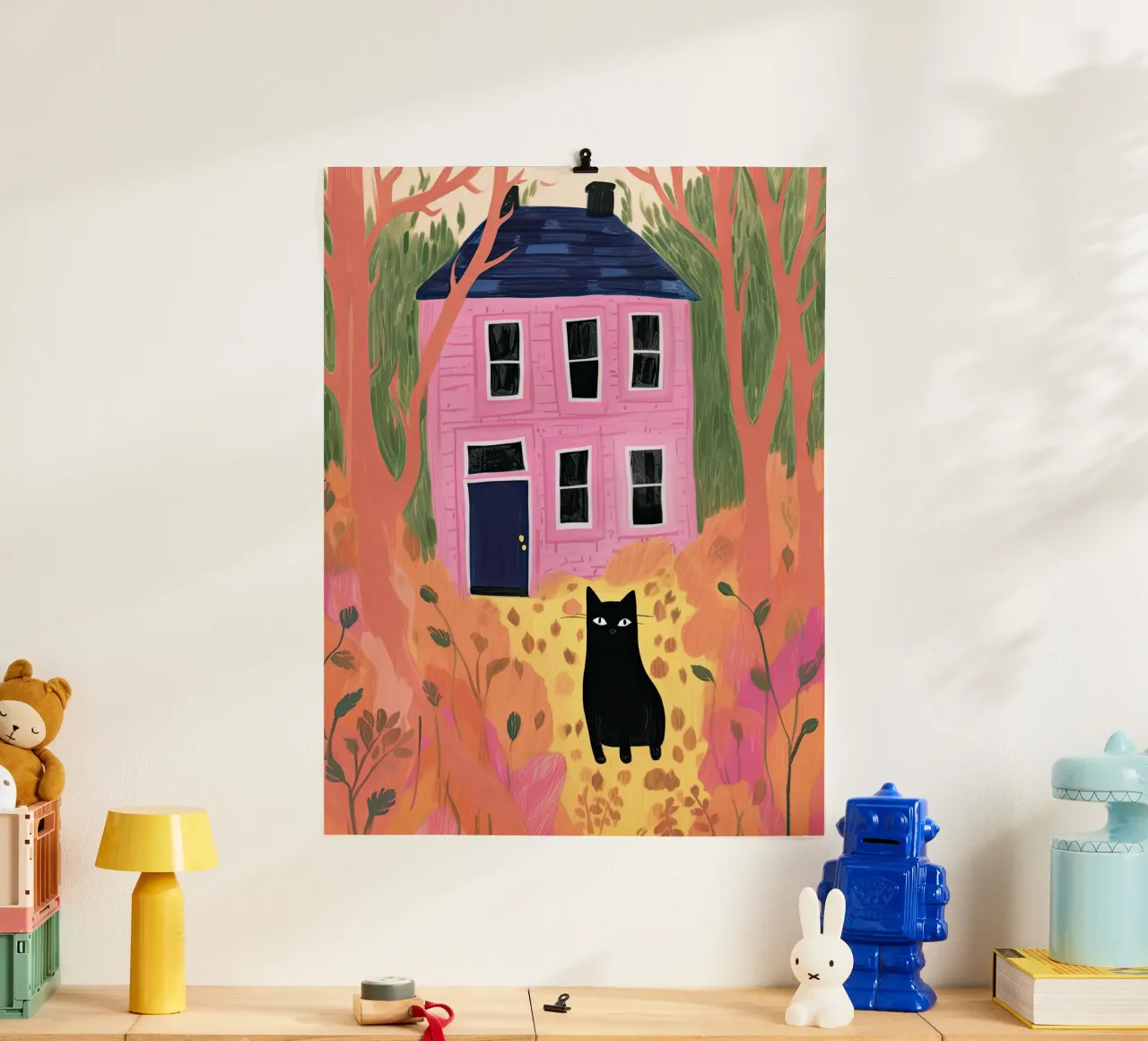 Illustrazione di gatto nero e casa rosa poster da Peaches Art Prints