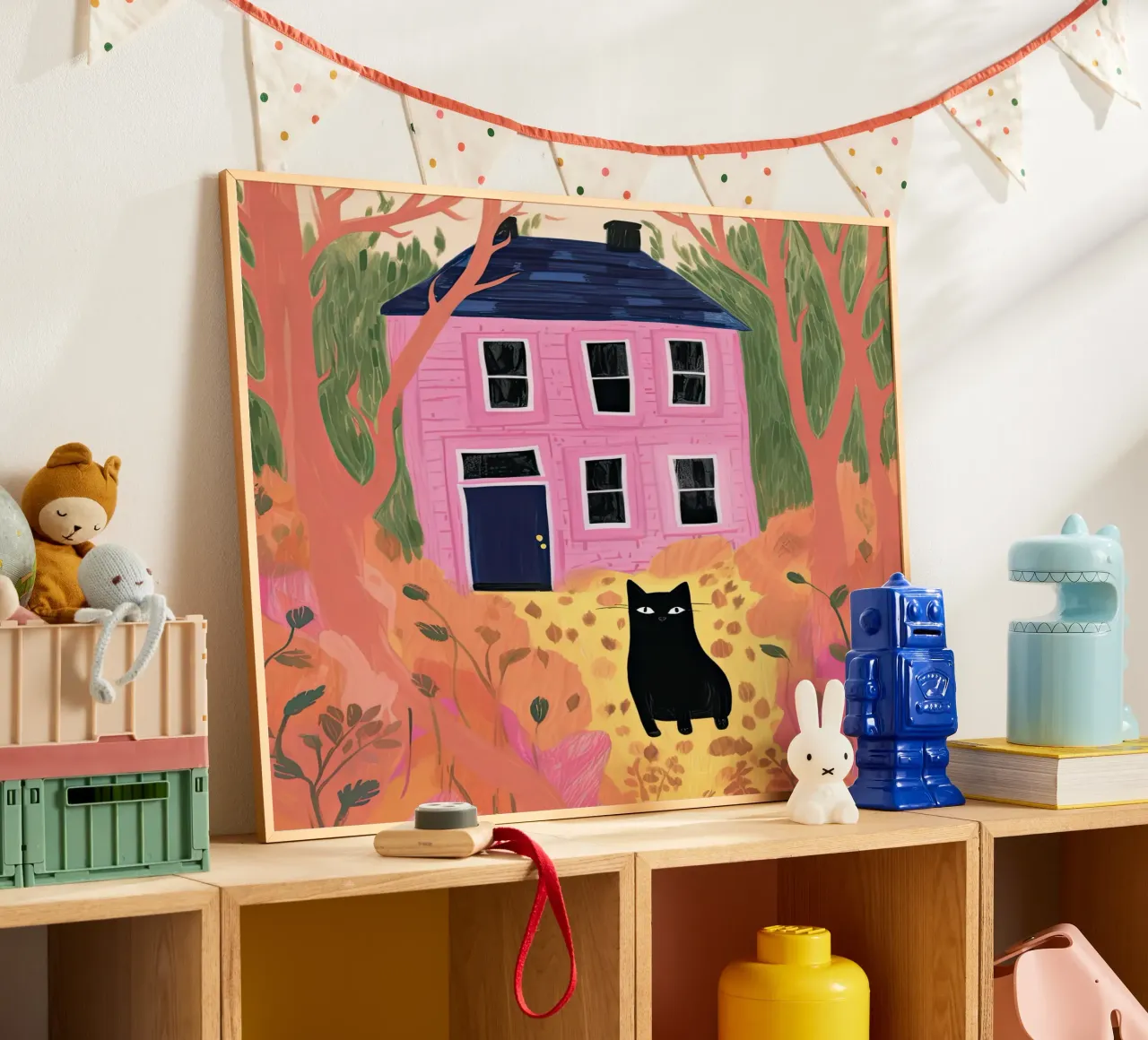 Illustrazione di gatto nero e casa rosa poster da Peaches Art Prints