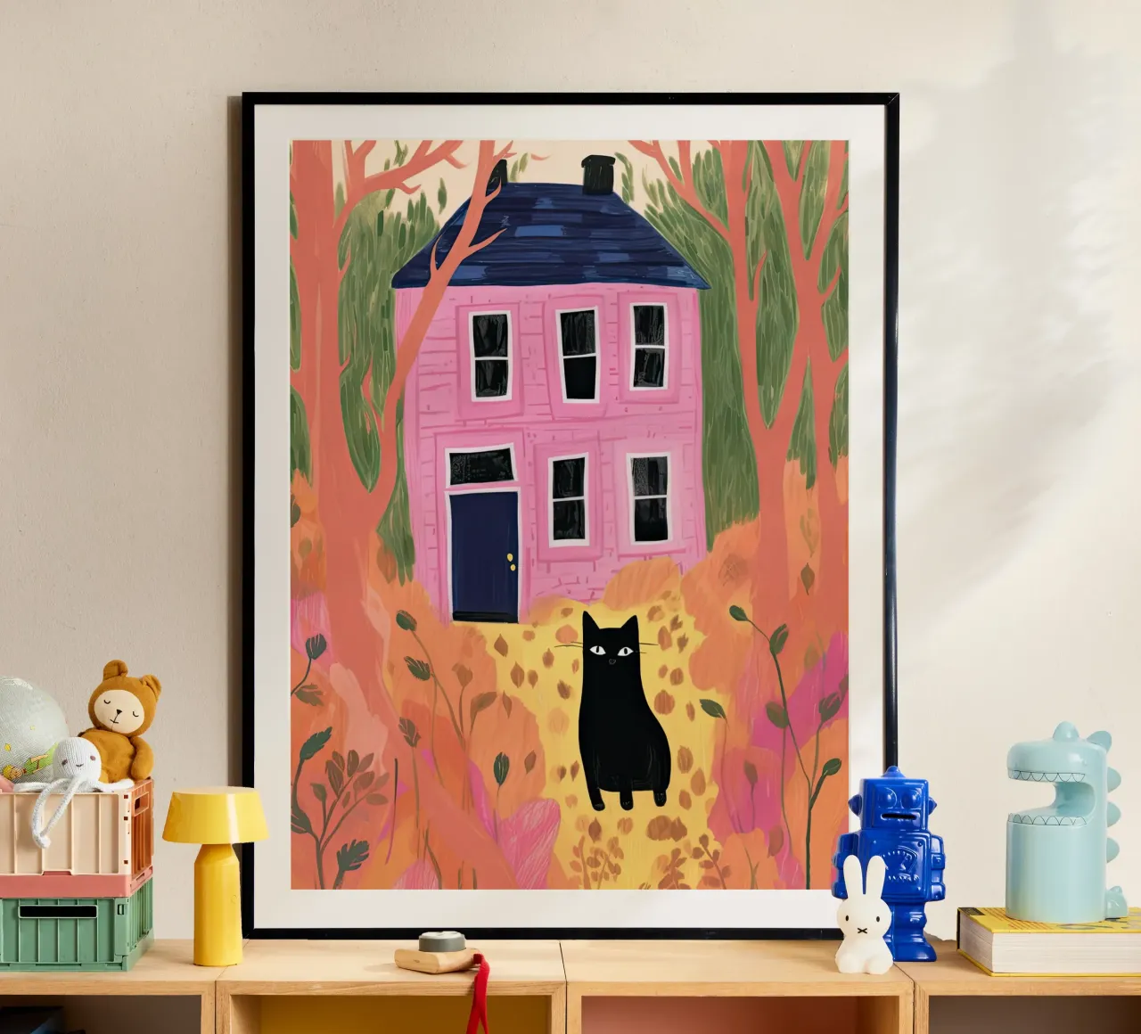 Illustrazione di gatto nero e casa rosa poster da Peaches Art Prints