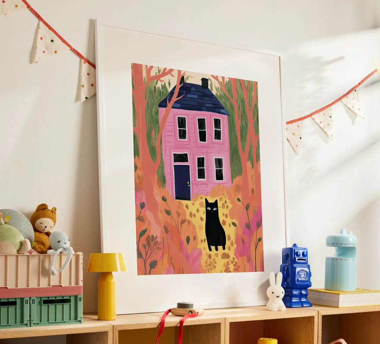 Illustrazione di gatto nero e casa rosa poster da Peaches Art Prints