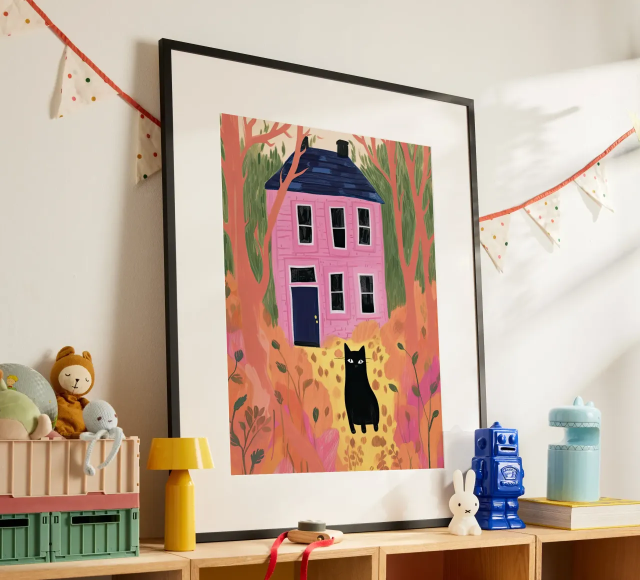Illustrazione di gatto nero e casa rosa poster da Peaches Art Prints