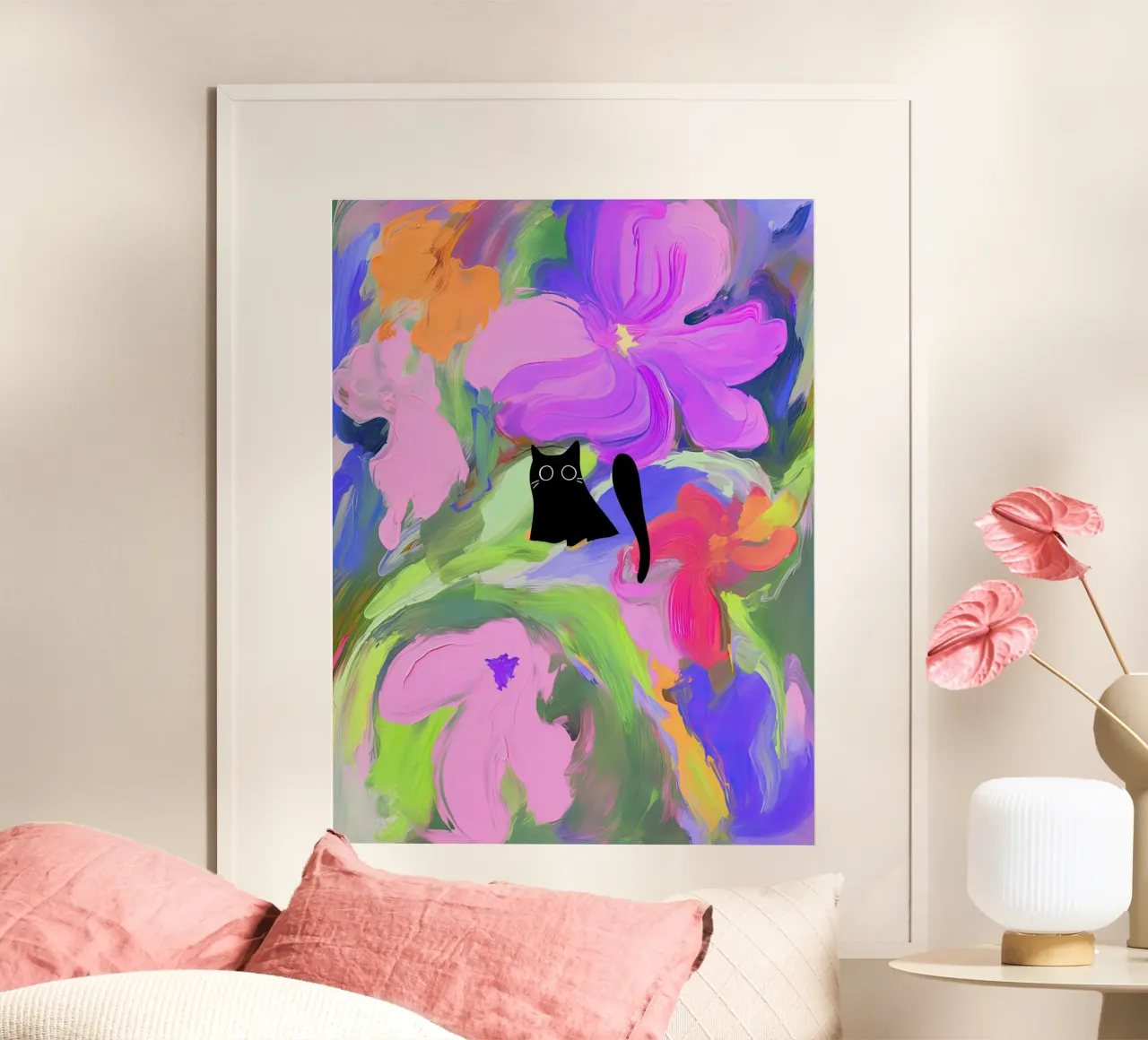 Gatto nero tra i fiori dipinti a olio poster con telaio in plastica da Peaches Art Prints