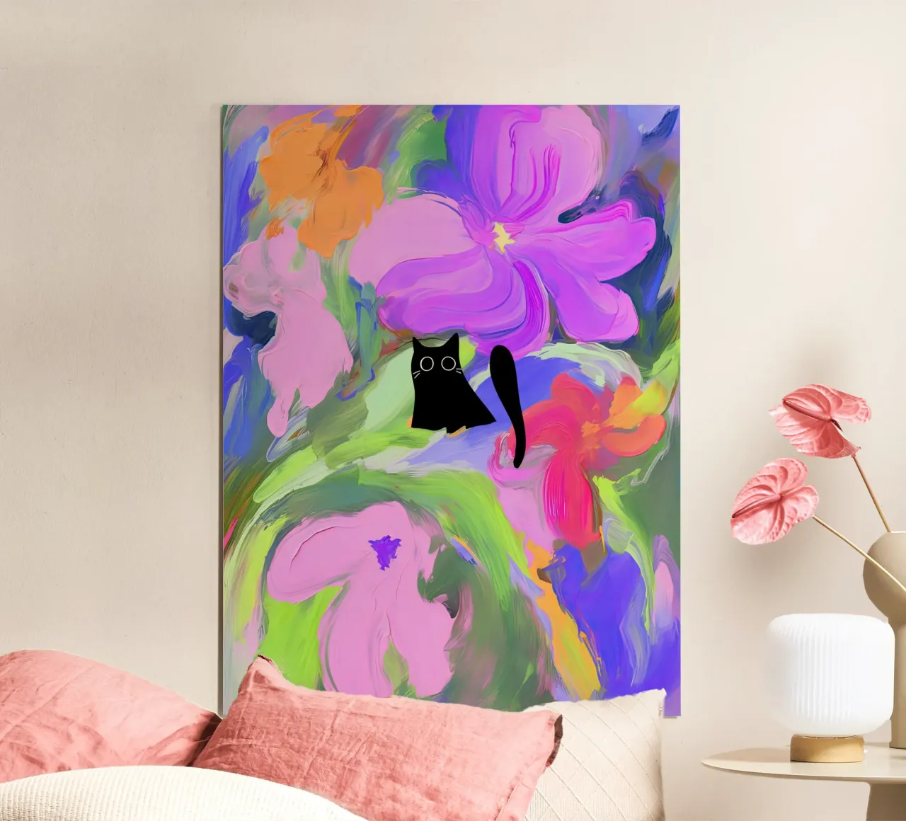 Gatto nero tra i fiori dipinti a olio poster con telaio in plastica da Peaches Art Prints