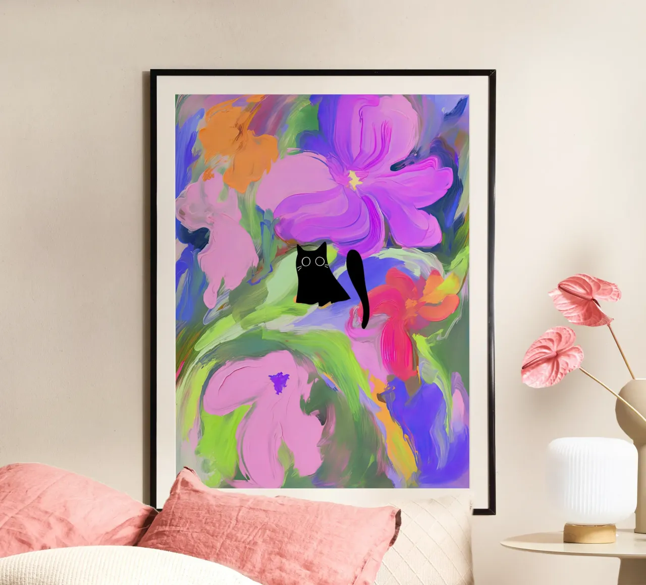 Gatto nero tra i fiori dipinti a olio poster con telaio in plastica da Peaches Art Prints