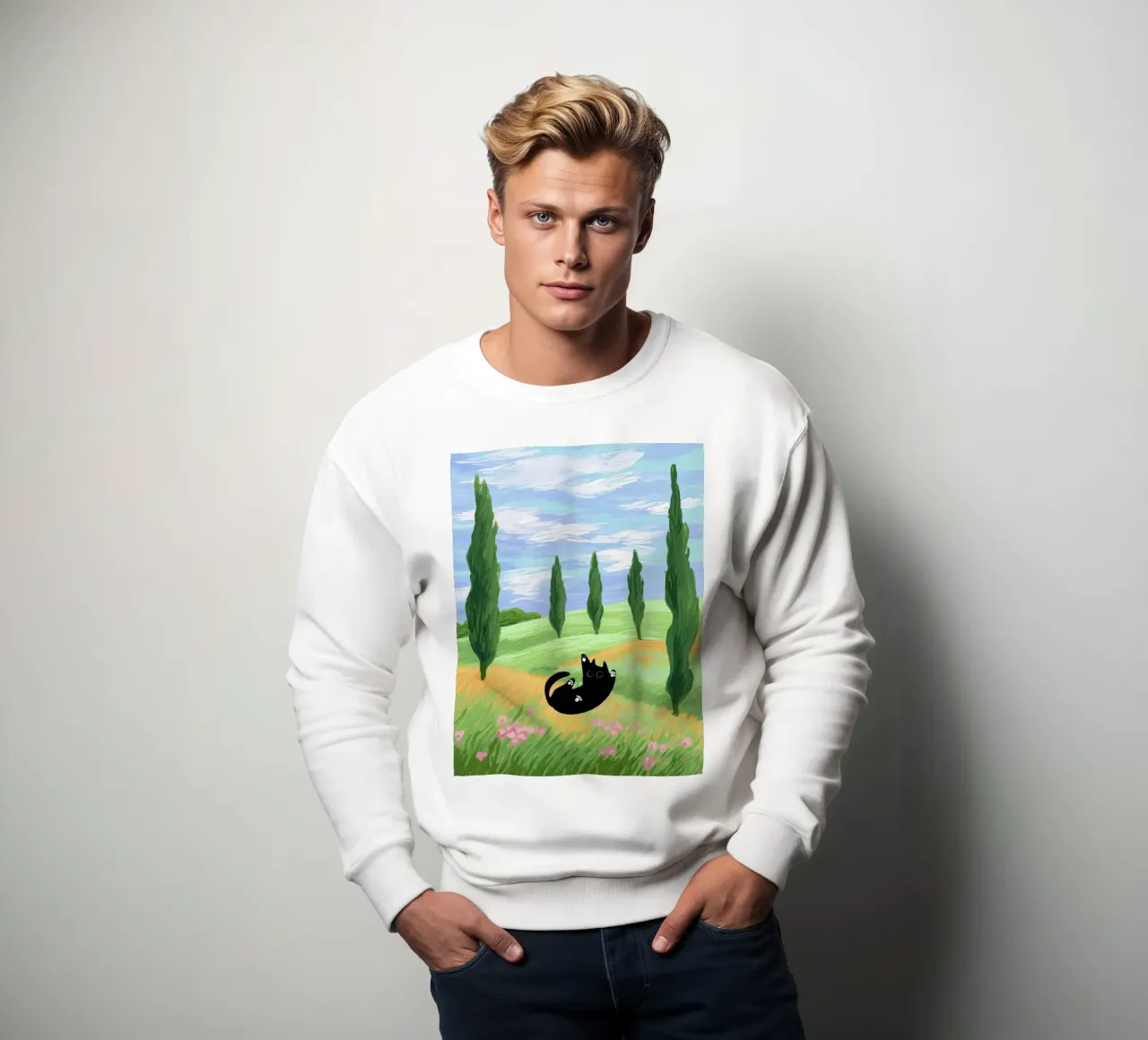 Black Cat in a Wheat Field with Cypresses - Van Gogh Style sweatshirt by Peaches Art Prints