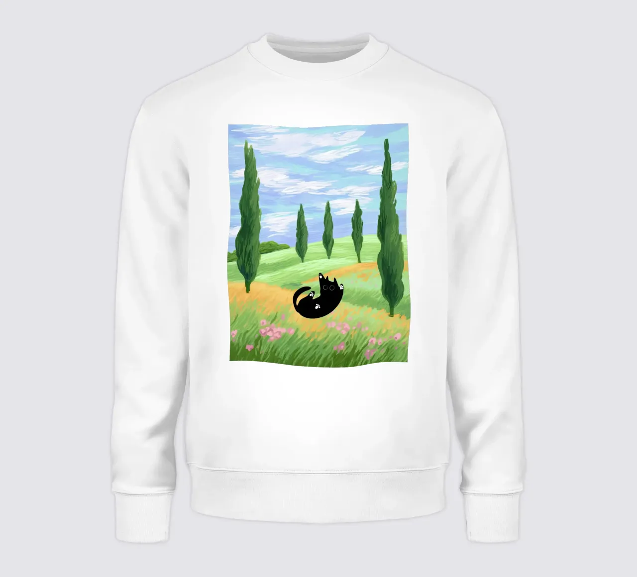 Black Cat in a Wheat Field with Cypresses - Van Gogh Style sweatshirt by Peaches Art Prints