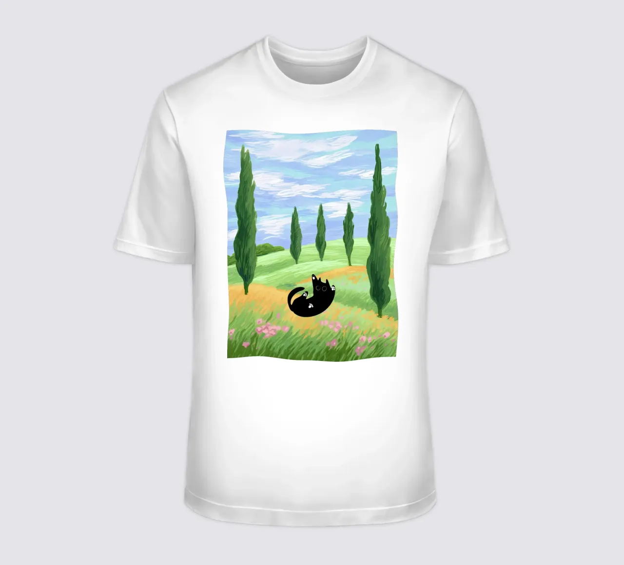 Black Cat in a Wheat Field with Cypresses - Van Gogh Style t-shirt by Peaches Art Prints