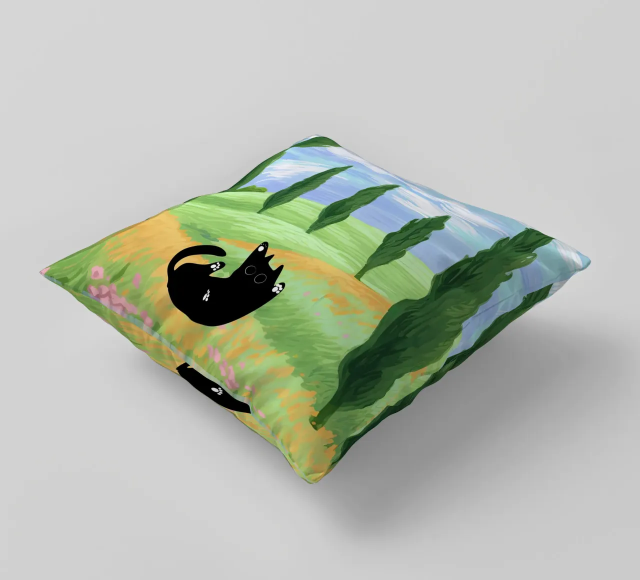 Black Cat in a Wheat Field with Cypresses - Van Gogh Style decorative cushion by Peaches Art Prints
