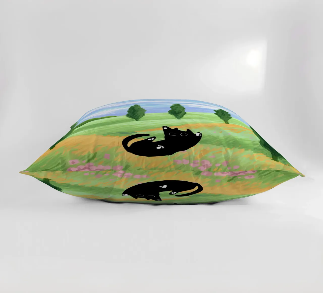 Black Cat in a Wheat Field with Cypresses - Van Gogh Style decorative cushion by Peaches Art Prints