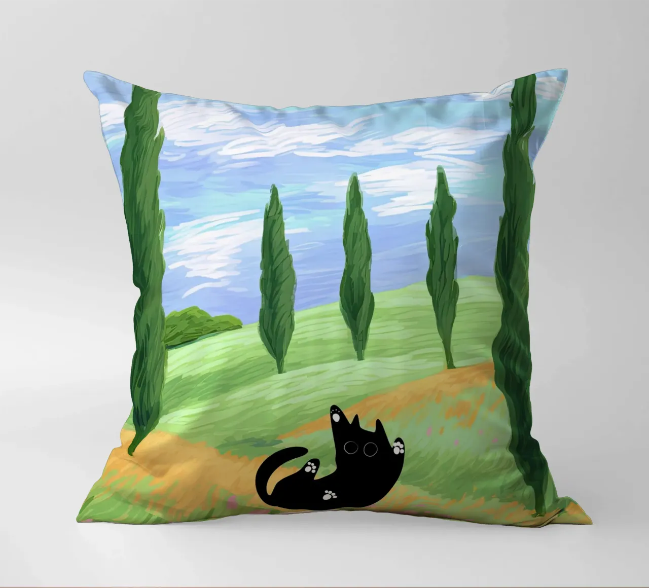 Black Cat in a Wheat Field with Cypresses - Van Gogh Style decorative cushion by Peaches Art Prints
